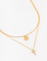 Gold Plated Cubic Zirconia Cross Coin Layered Necklace