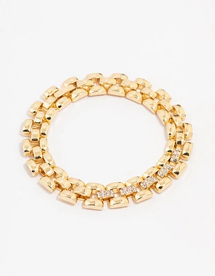 Gold Plated Brass Square Link Pave Chain Bracelet