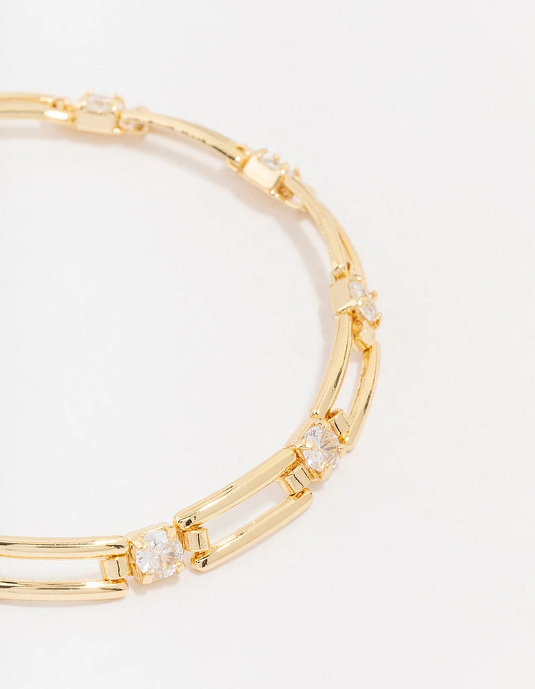 Gold Plated Rectangular Square Cubic Zirconia Bracelet