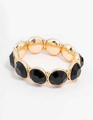 Gold Toned Black Round Stretch Bracelet