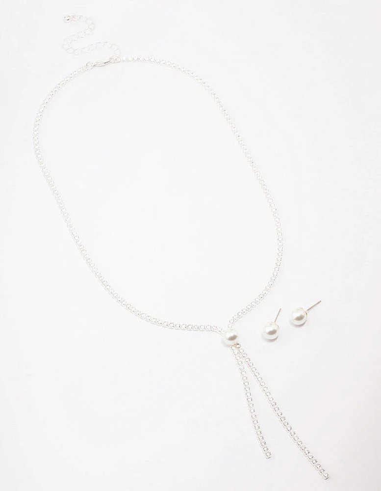 Silver Cubic Zirconia Lariat Necklace & Earring Set