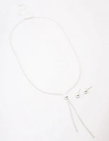 Silver Cubic Zirconia Lariat Necklace & Earring Set
