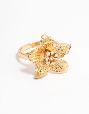 Gold Plated Cubic Zirconia Bling Flower Ring