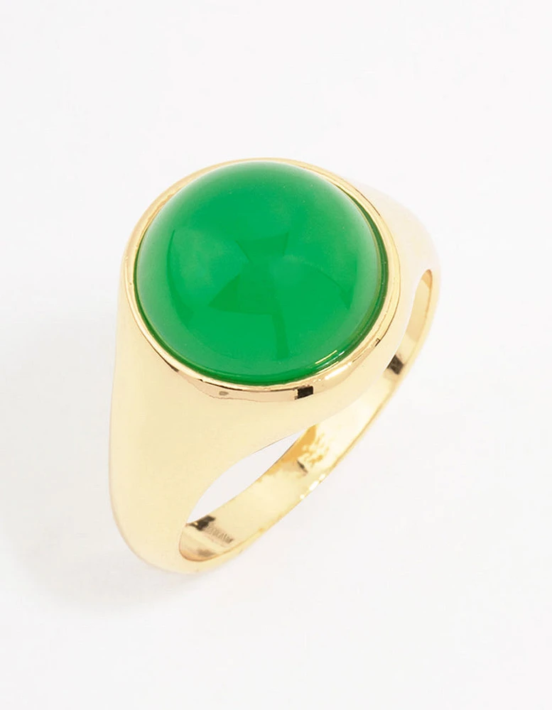 Gold Plated Round Green Statement Stone Ring