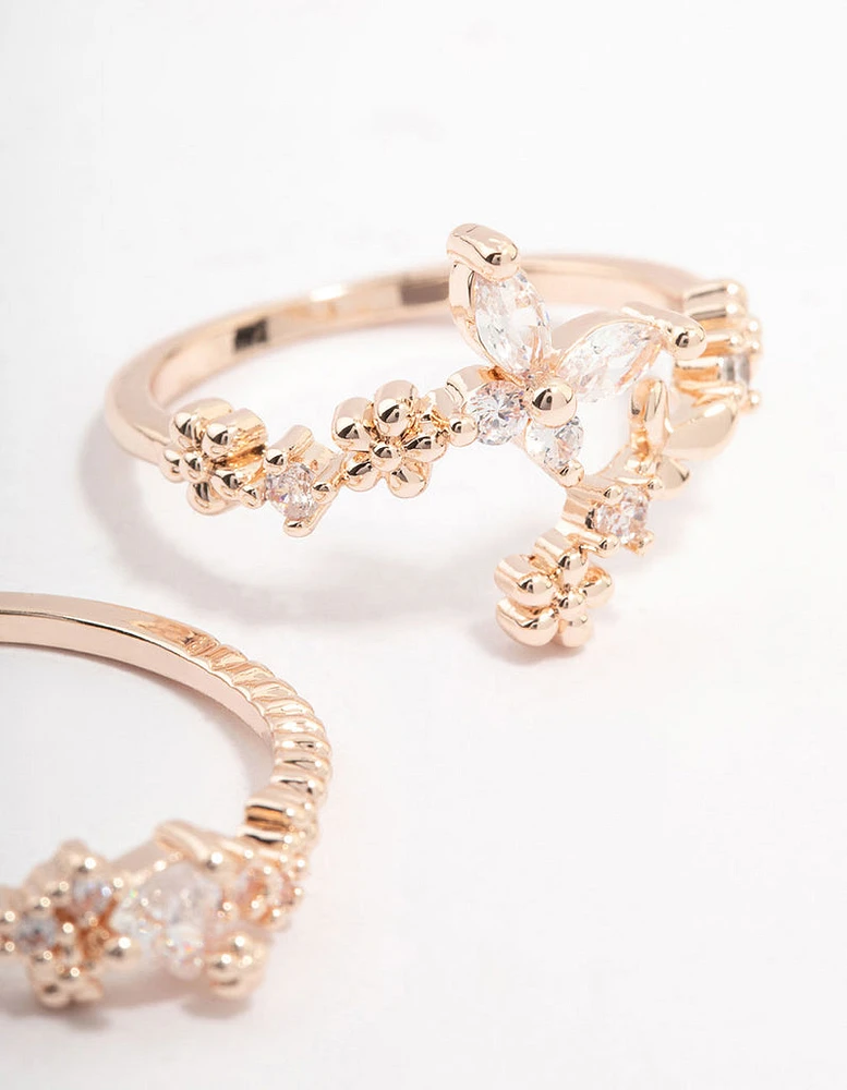 Rose Gold Plated Floral Stone Stacking Ring Pack