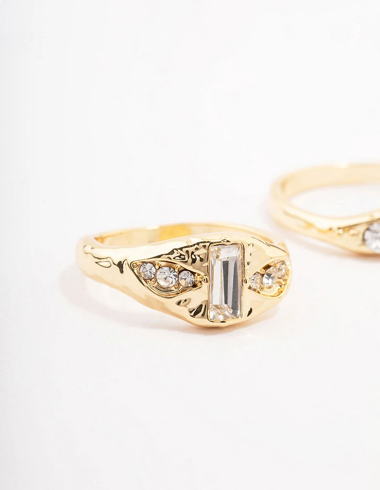 Gold Plated Baguette Signet Stacking Ring Pack