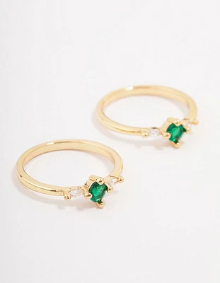 Gold Plated Dainty Trio Emerald Cubic Zirconia Ring Pack