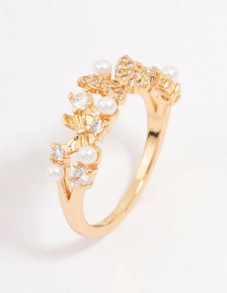 Gold Plated Butterfly Pearl Band Ring