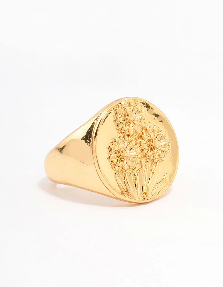 Gold Plated Floral Signet Ring