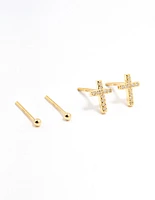 Gold Plated Sterling Silver Cubic Zirconia Cross Earrings 2-Pack