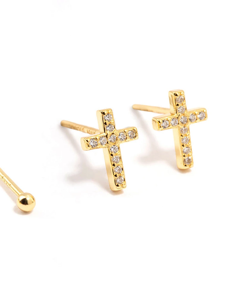 Gold Plated Sterling Silver Cubic Zirconia Cross Earrings 2-Pack