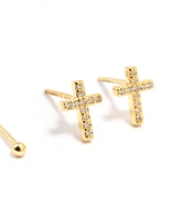 Gold Plated Sterling Silver Cubic Zirconia Cross Earrings 2-Pack