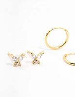 Gold Plated Sterling Silver Butterfly Studs And Hoop Earrings 2-Pack