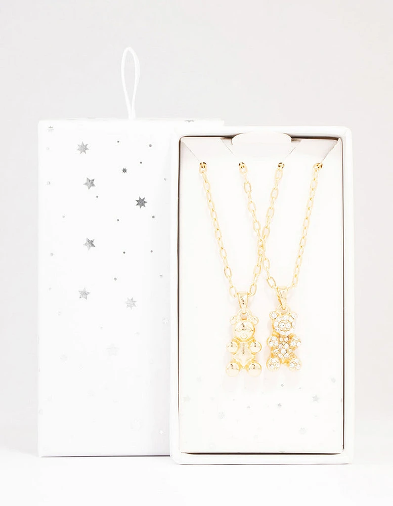 Gold Diamante Teddy Pendant Necklace Pack