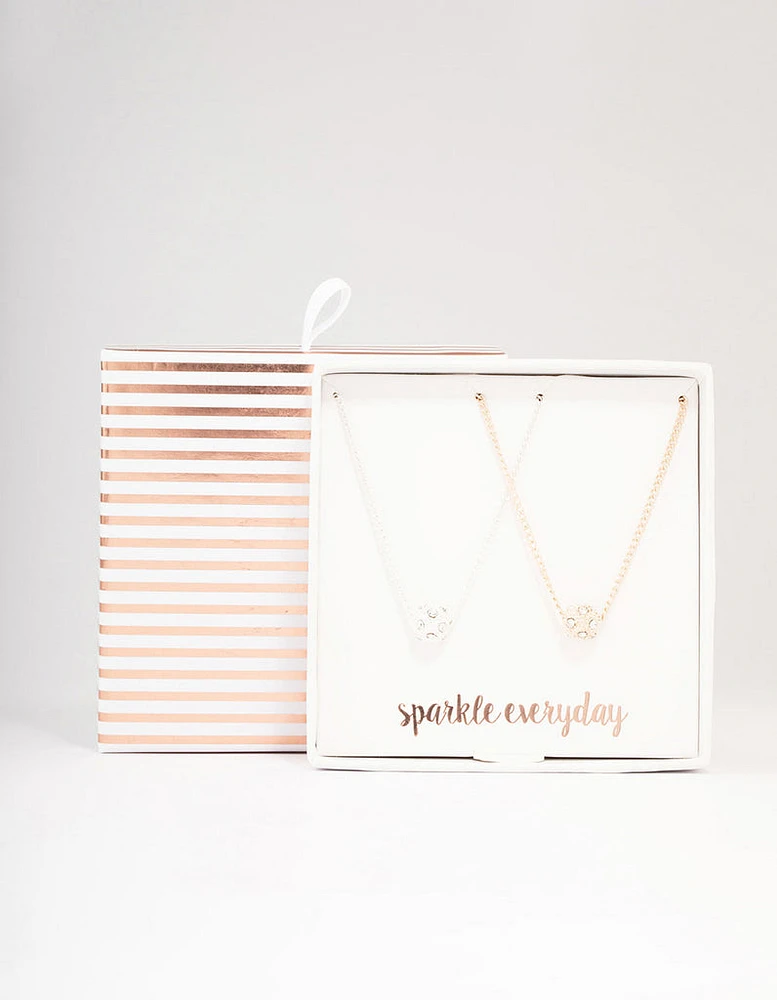 Two-Toned Silver & Rose Gold Crystal Ball Pendant Necklace Pack