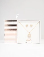 Gold Cubic Zirconia Diamante Heart Necklace & Stud Earrings Set