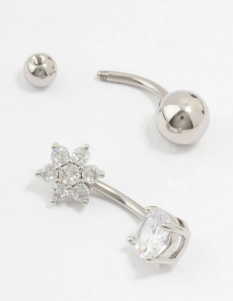 Surgical Steel Cubic Zirconia Flower Belly Bars 2-Pack