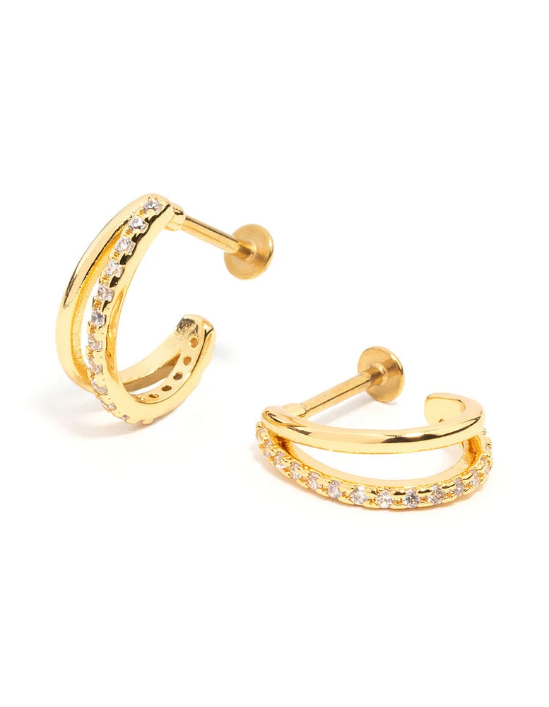 Gold Plated Surgical Steel Double Cubic Zirconia Hoop Flat Back 2-Pack