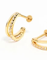 Gold Plated Surgical Steel Double Cubic Zirconia Hoop Flat Back 2-Pack