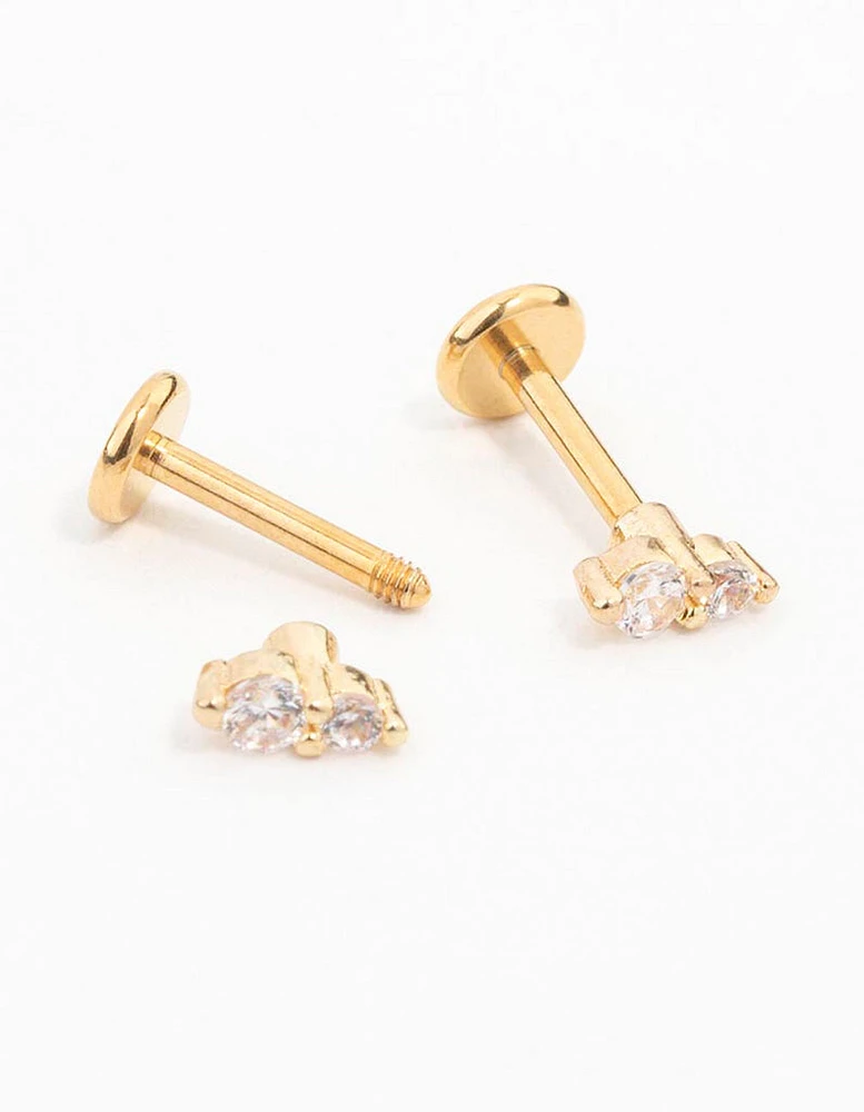 Gold Plated Surgical Steel Cubic Zirconia Double Flat Back  2-Pack