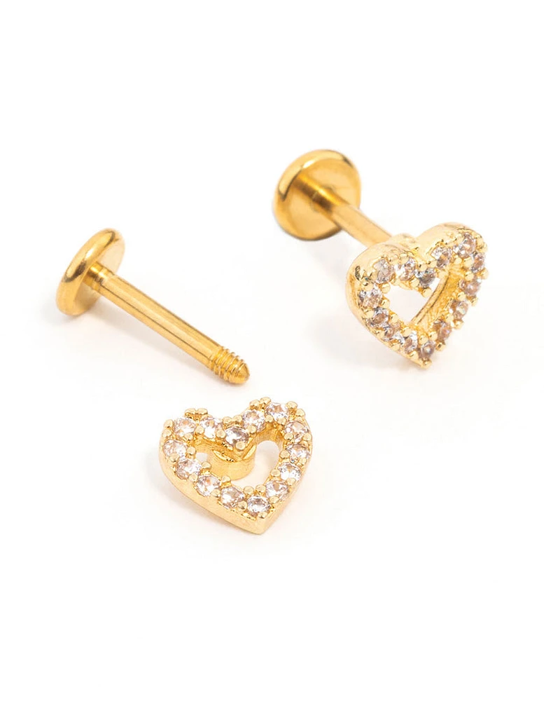 Gold Plated Surgical Steel Cubic Zirconia Open Heart Flat Back 2-Pack