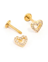 Gold Plated Surgical Steel Cubic Zirconia Open Heart Flat Back 2-Pack