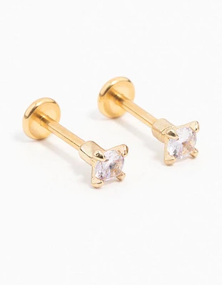 Gold Plated Surgical Steel Mini Cubic Zirconia Flat Back 2-Pack