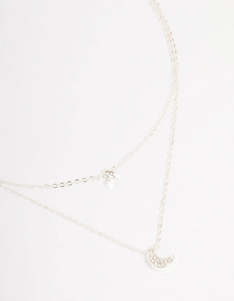 Silver Half Moon Star Double Layered Necklace