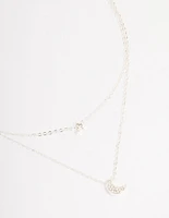 Silver Half Moon Star Double Layered Necklace