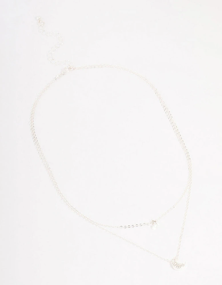 Silver Half Moon Star Double Layered Necklace