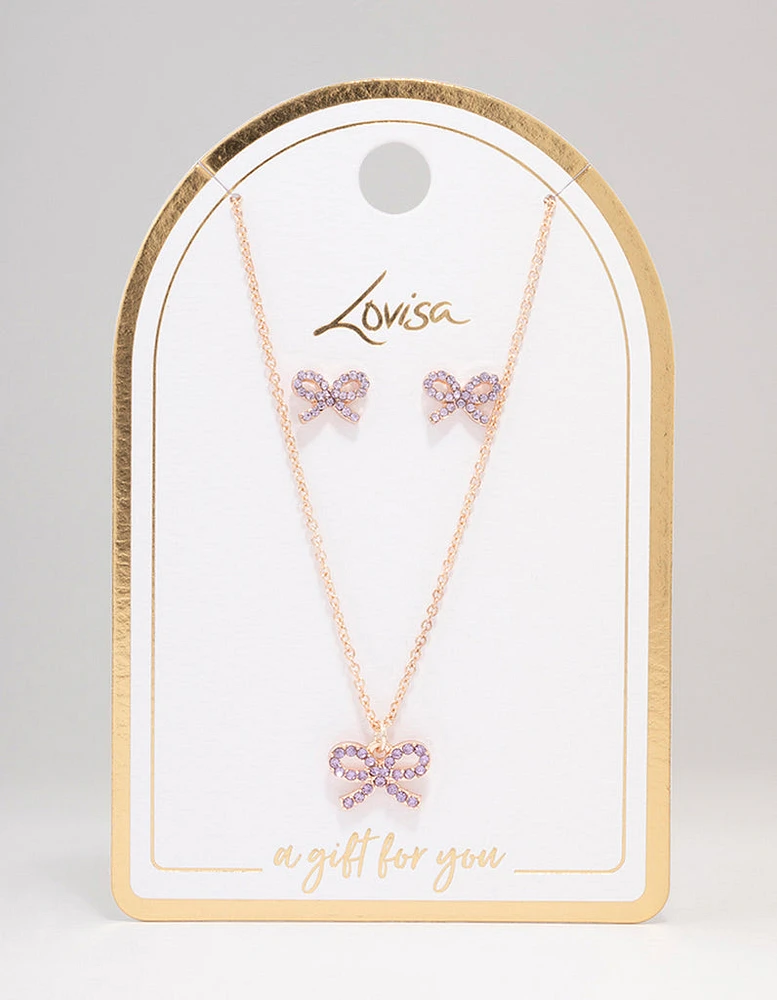 Rose Gold Bow Diamante Jewellery Set