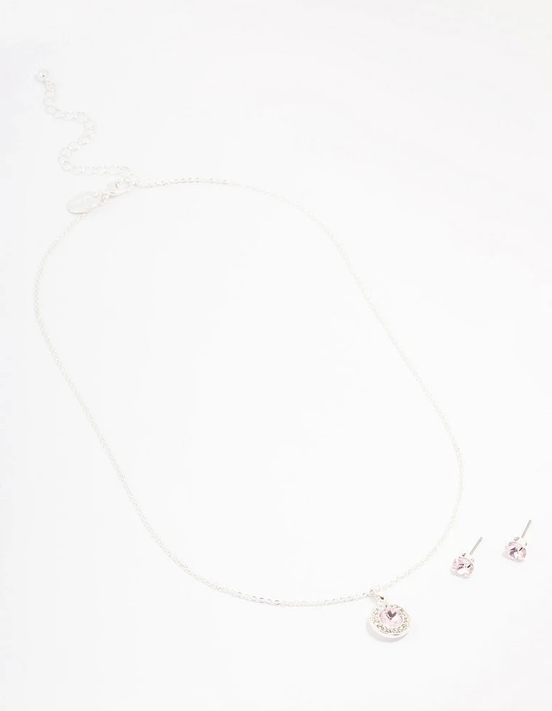 Silver Round Diamante Pink Halo Jewellery Set