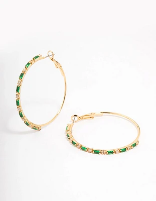 Gold Plated Emerald Round & Baguette Large Hoop Earrings