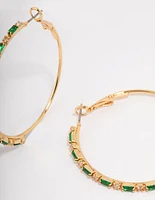 Gold Plated Round & Emerald Baguette Large Hoop Earrings