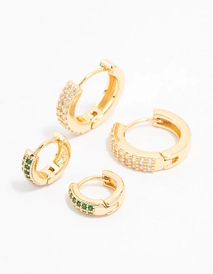 Gold Plated Cubic Zirconia Emerald Pave Hoop Earrings 2-Pack