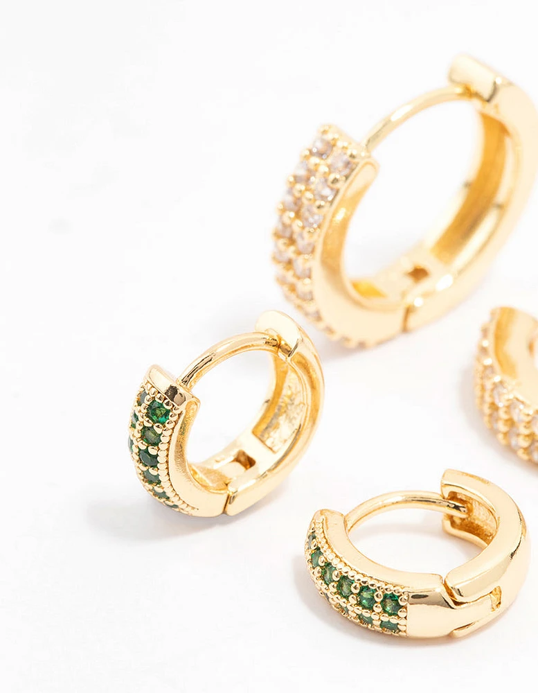 Gold Plated Cubic Zirconia Emerald Pave Hoop Earrings 2-Pack