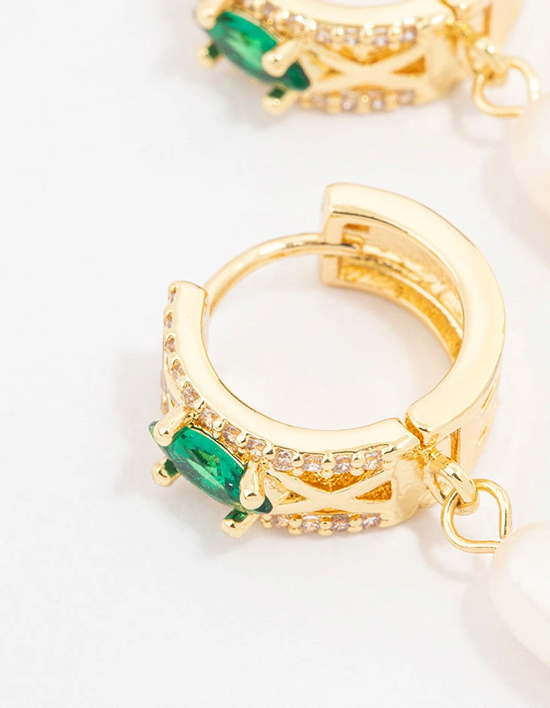 Gold Plated Cubic Zirconia Emerald Marquise & Freshwater Pearl Huggie Earrings