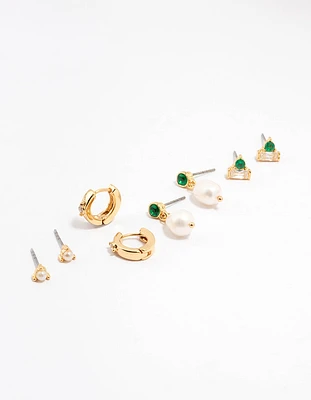 Gold Plated Emerald Stone & Pearl Earrings 4-Pack