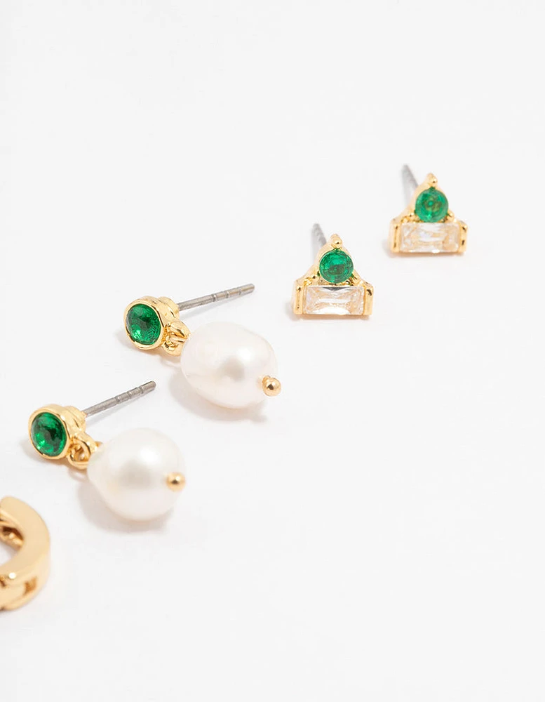 Gold Plated Emerald Stone & Pearl Earrings 4-Pack