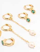 Gold Plated Oval Emerald & Freshwater Pearl Earrings 4-Pack