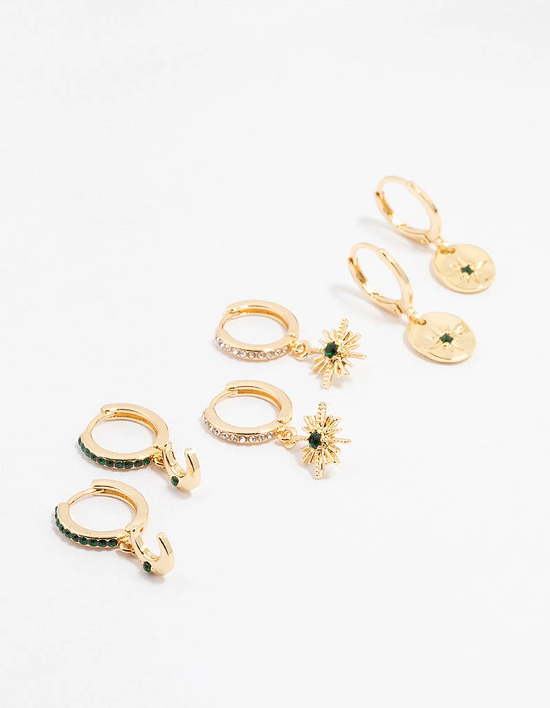 Gold Plated Emerald Celestial Huggie Earrings 3-Pack