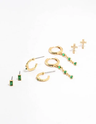 Gold Plated Emerald Cross & Round Drop Earrings 4-Pack