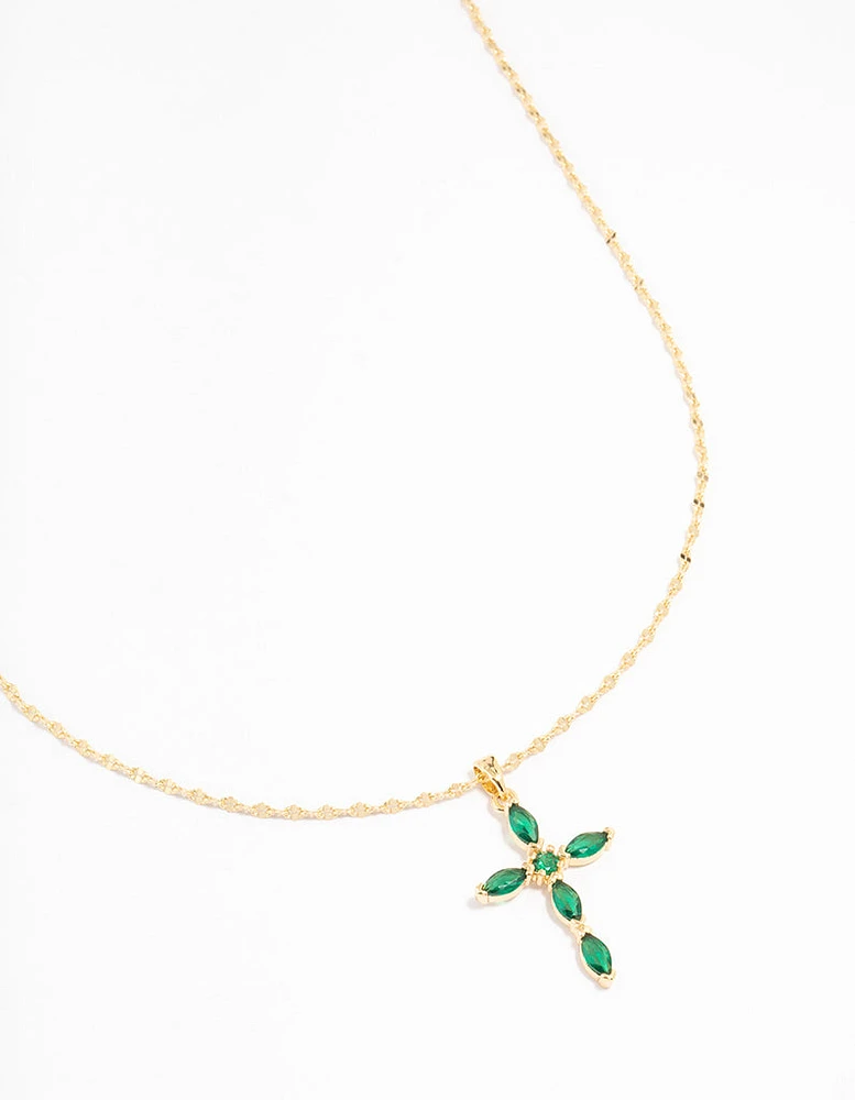 Gold Plated Cubic Zirconia Emerald Marquise Cross Necklace