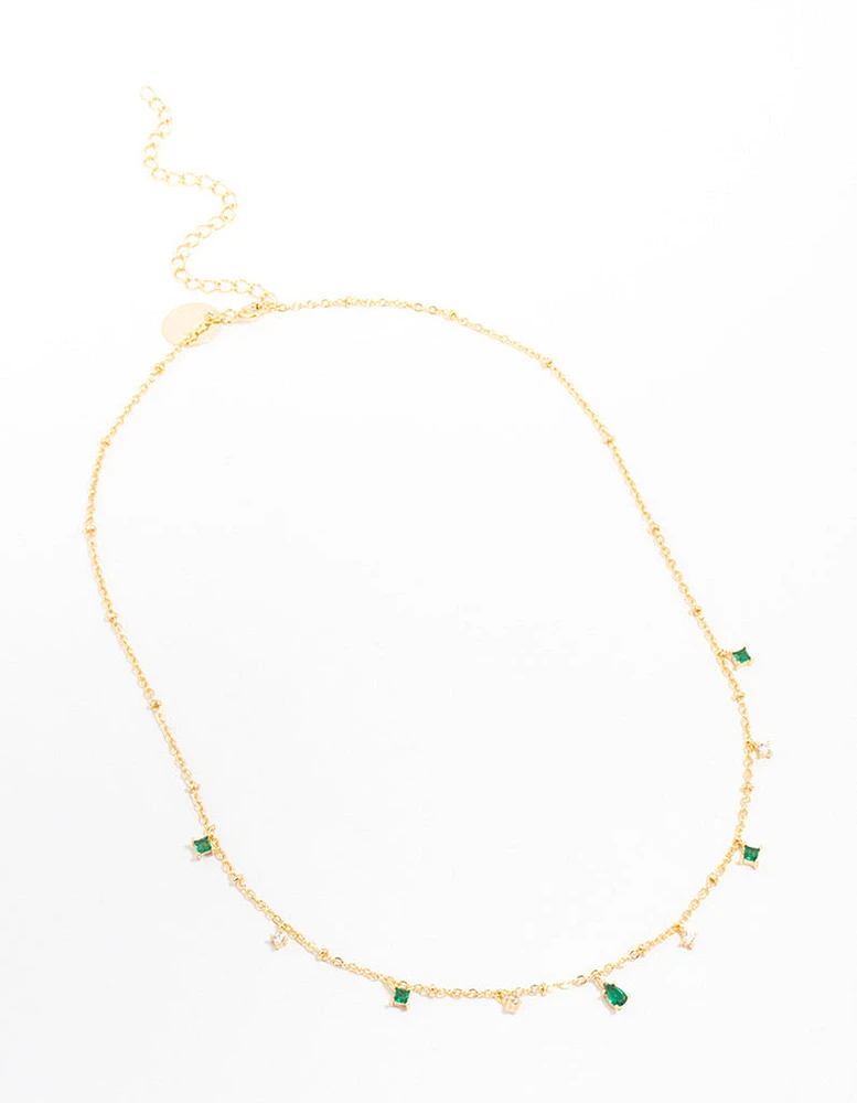 Gold Plated Cubic Zirconia Emerald Pear Dainty Station Necklace