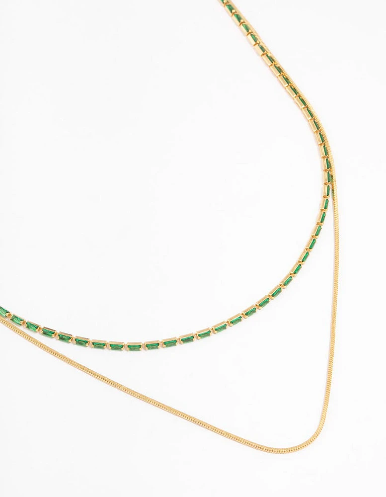 Gold Plated Cubic Zirconia Emerald Baguette Dainty Layered Necklace