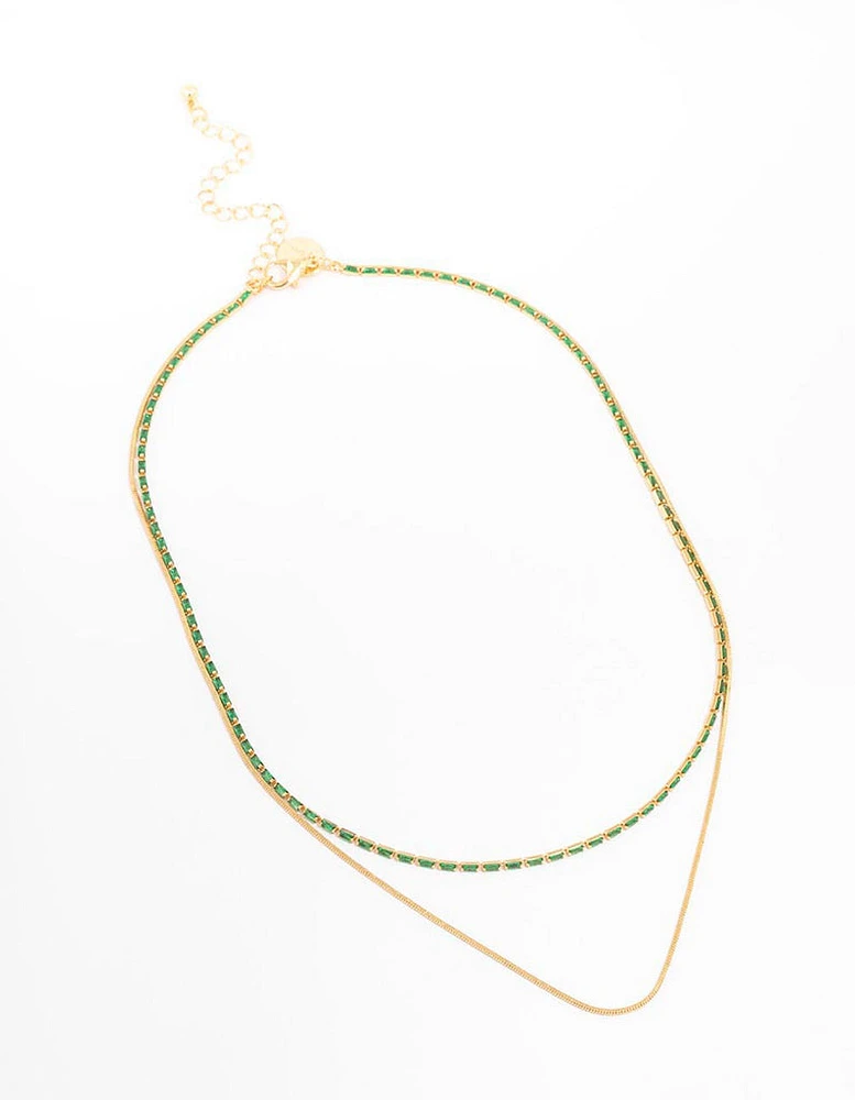 Gold Plated Cubic Zirconia Emerald Baguette Dainty Layered Necklace