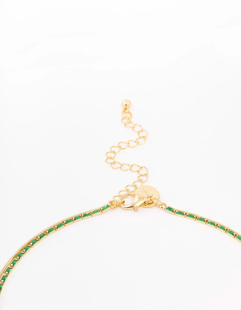 Gold Plated Cubic Zirconia Emerald Baguette Dainty Layered Necklace