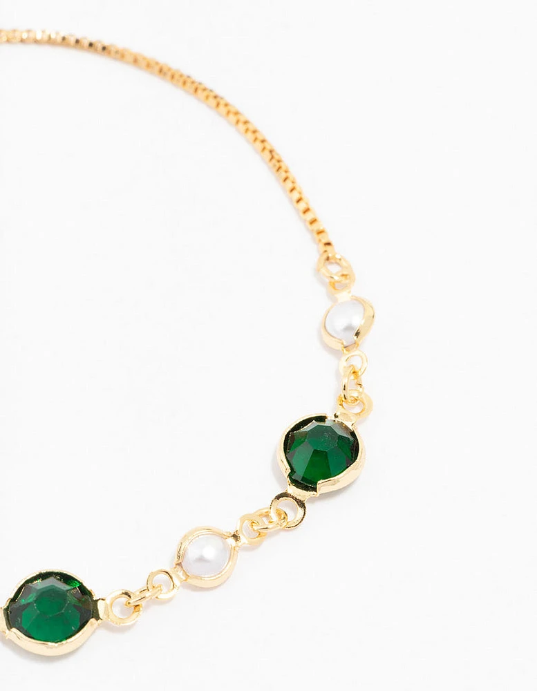 Gold Plated Cubic Zirconia Round Emerald & Pearl Toggle Bracelet