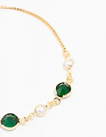 Gold Plated Cubic Zirconia Round Emerald & Pearl Toggle Bracelet