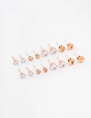 Rose Gold Basic Diamante Stud Earrings 8-Pack